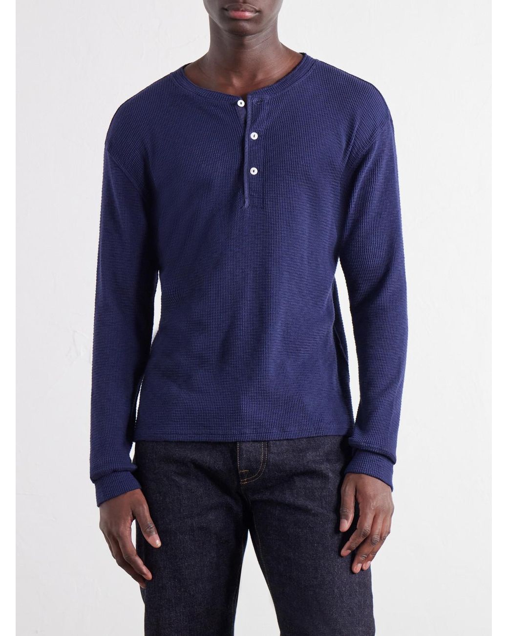 Fortela Blue Amish Waffle-Knit Cotton-Jersey Henley T-Shirt for men