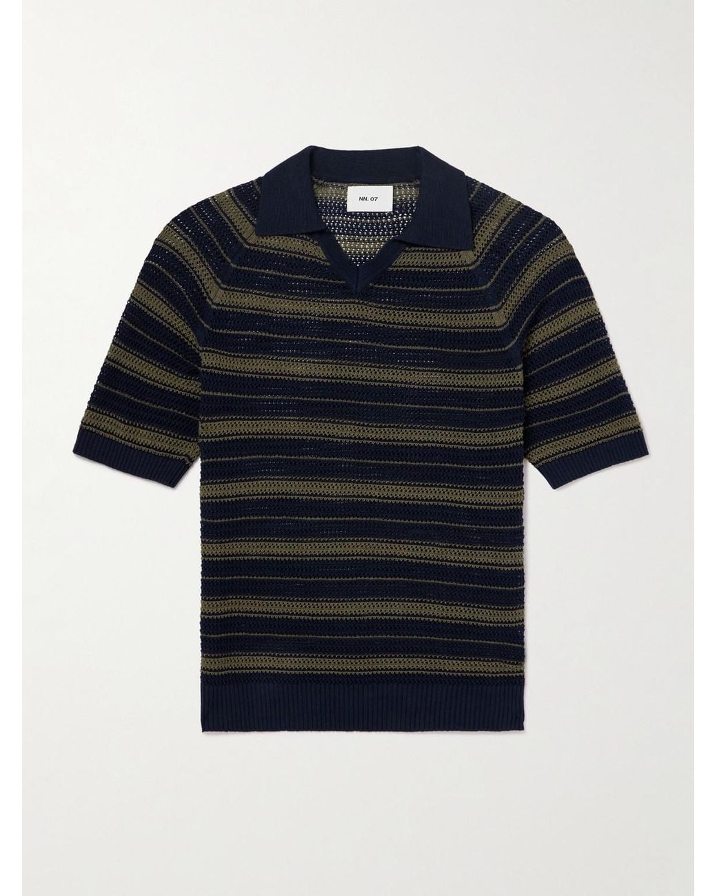 NN07 Blue Cale 60056 Striped Pointelle-Knit Linen And Cotton-Blend Polo Shirt for men