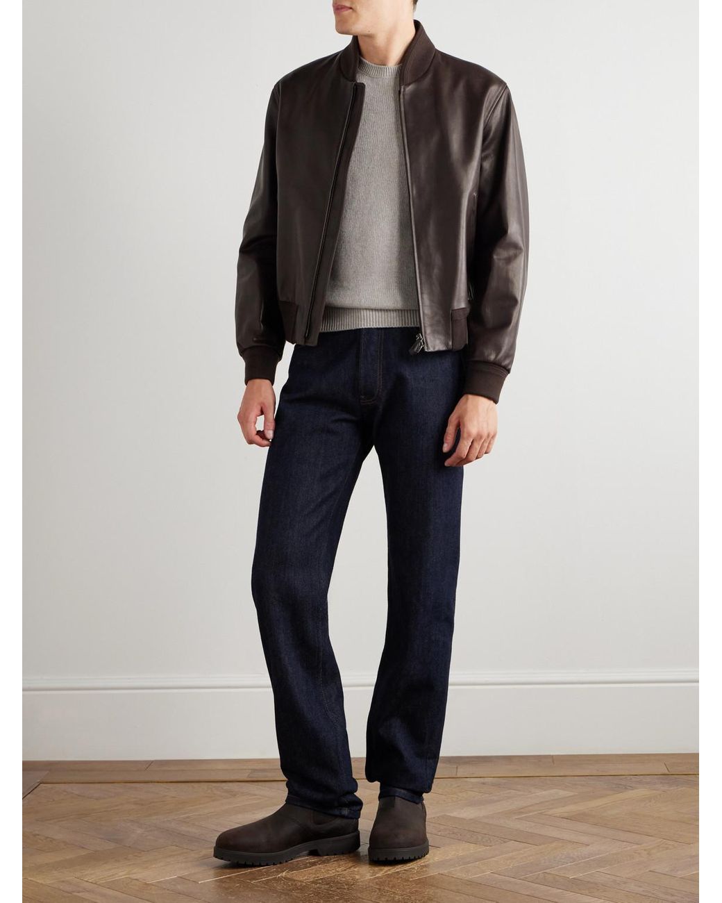 Loro Piana Brown Leather Bomber Jacket for men
