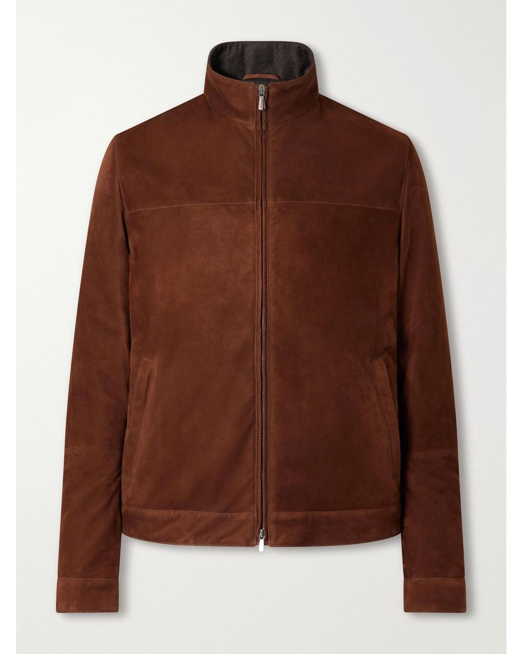 Thom Sweeney Brown Suede Mock-Neck Bomber Jacket for men