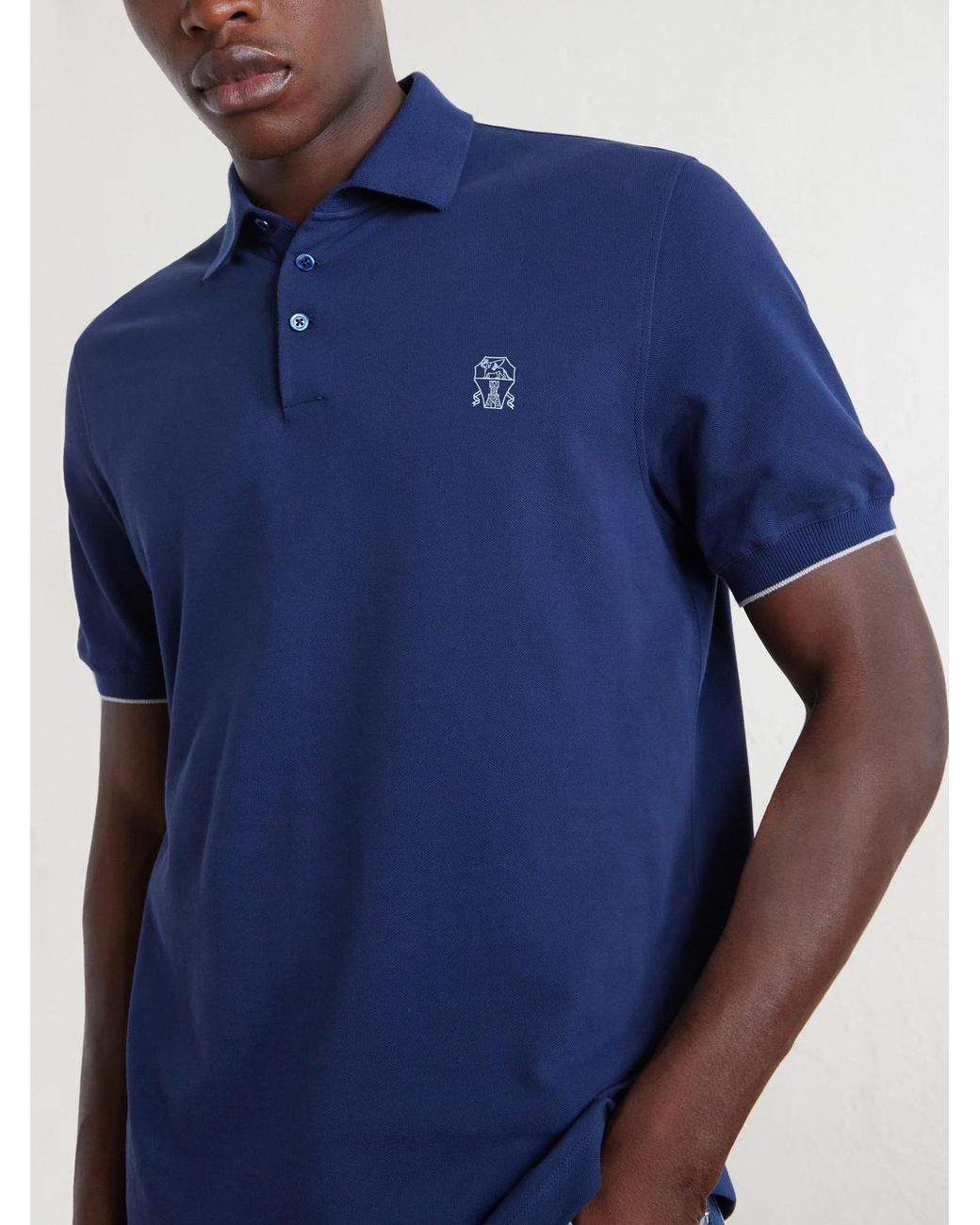 Brunello Cucinelli Blue Logo-Print Cotton-Piqué Polo Shirt for men