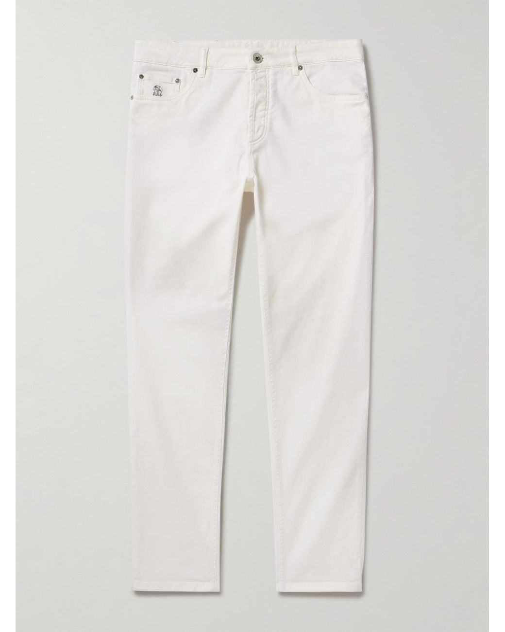 Brunello Cucinelli White Slim-Fit Straight-Leg Logo-Embroidered Jeans for men