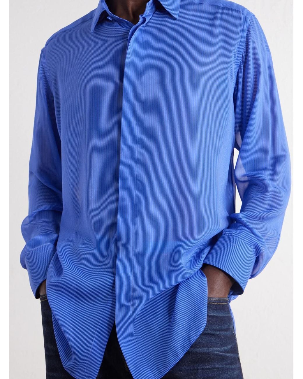 Tom Ford Blue Micro-Striped Silk-Organza Shirt for men