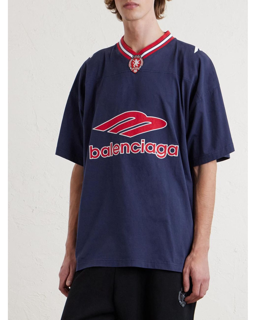 Balenciaga Blue Oversized Embroidered Printed Cotton-Jersey T-Shirt for men