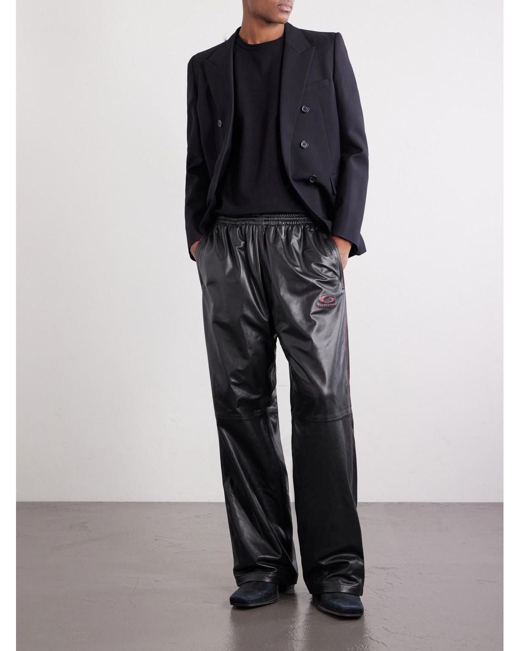 Balenciaga Black Straight-Leg Logo-Print Leather Sweatpants for men