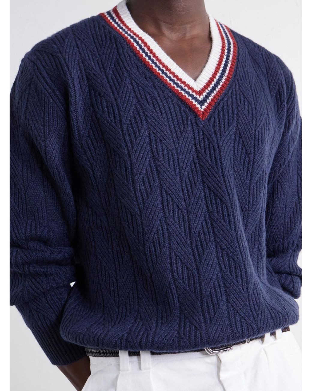 Canali Blue Herringbone Wool And Cashmere-Blend Sweater for men