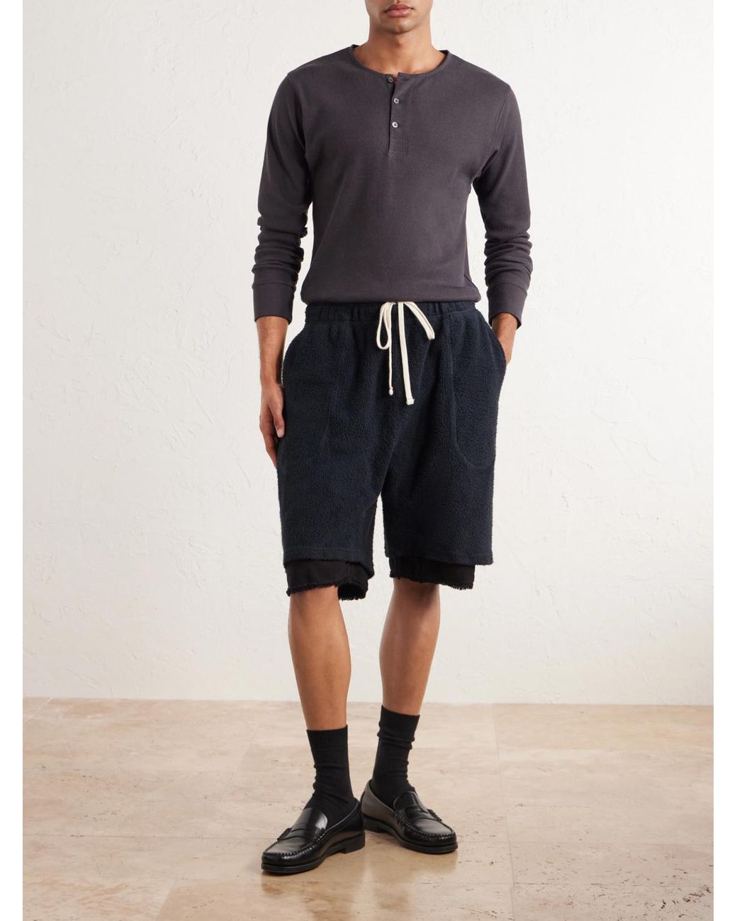 Les Tien Blue Straight-Leg Cotton-Fleece Drawstring Shorts for men