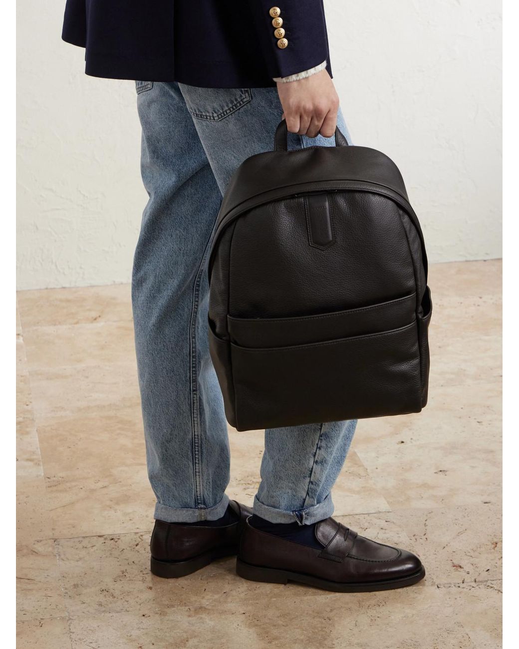 Canali Black Full-Grain Leather Backpack for men