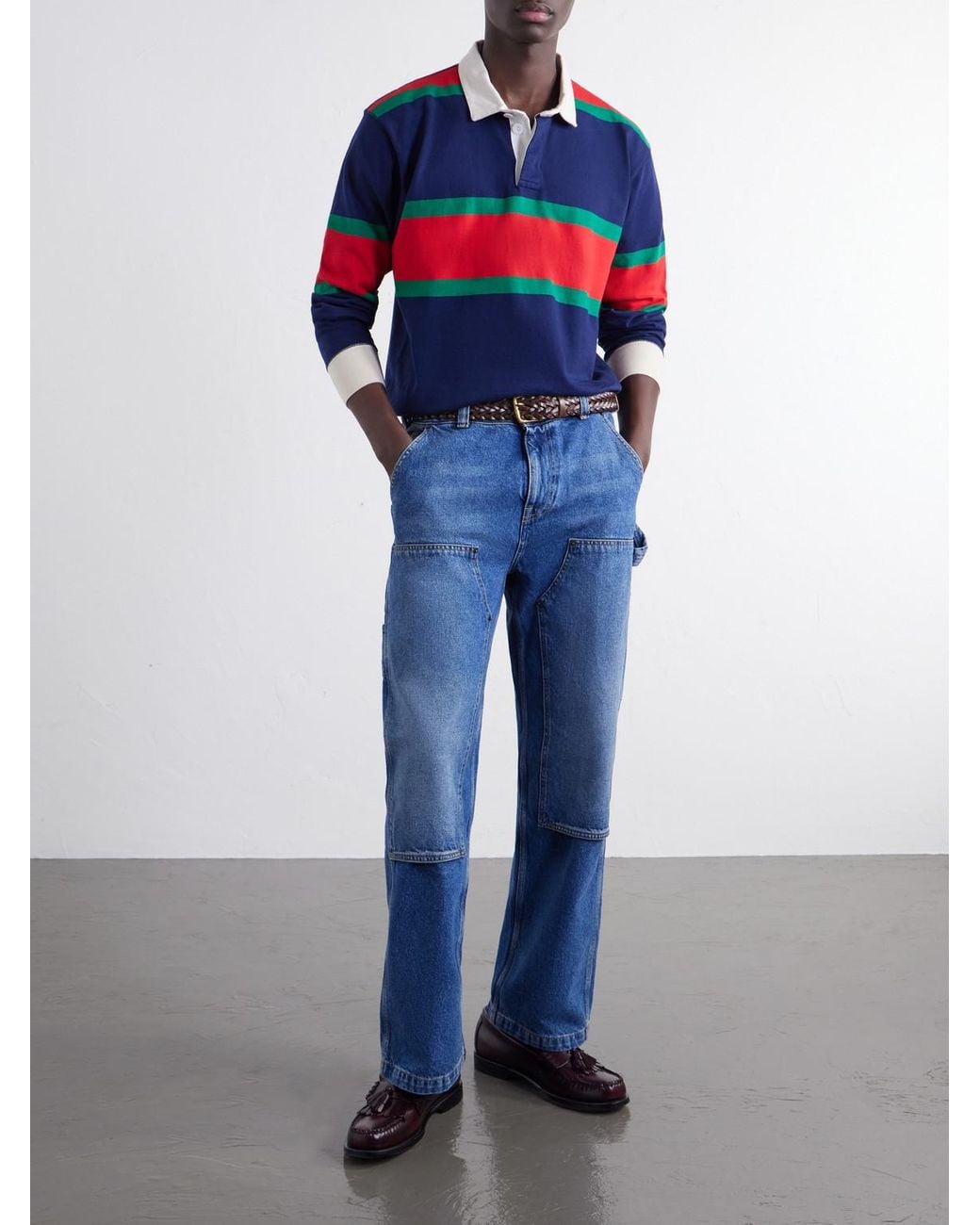 Drake's Blue Striped Twill-Trimmed Cotton-Jersey Polo Shirt for men