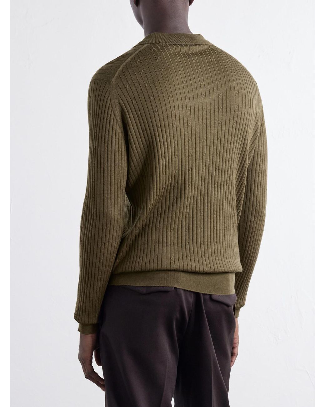 John Smedley Green Hodson Ribbed Merino Wool Polo Shirt for men