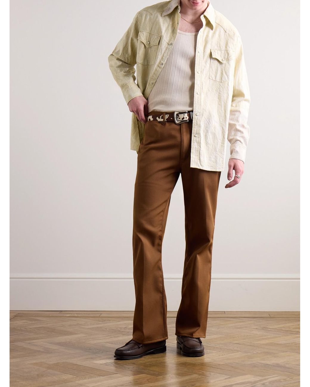 Kapital Natural Magpie Distressed Denim-Jacquard Western Shirt for men