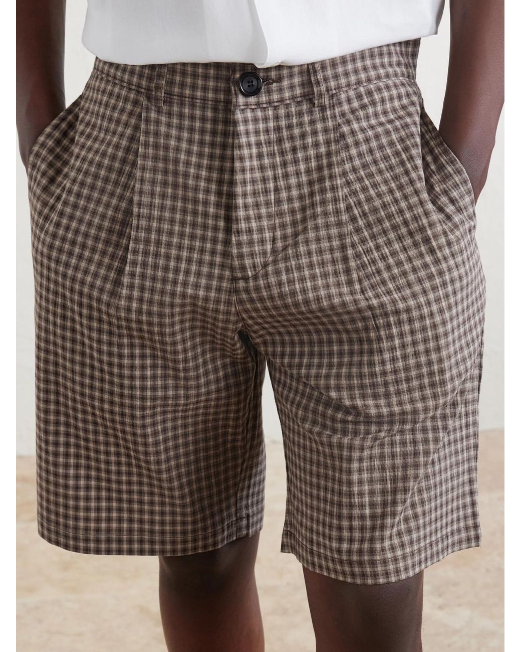 Oliver Spencer Gray Leaman Straight-Leg Pleated Checked Cotton-Blend Shorts for men