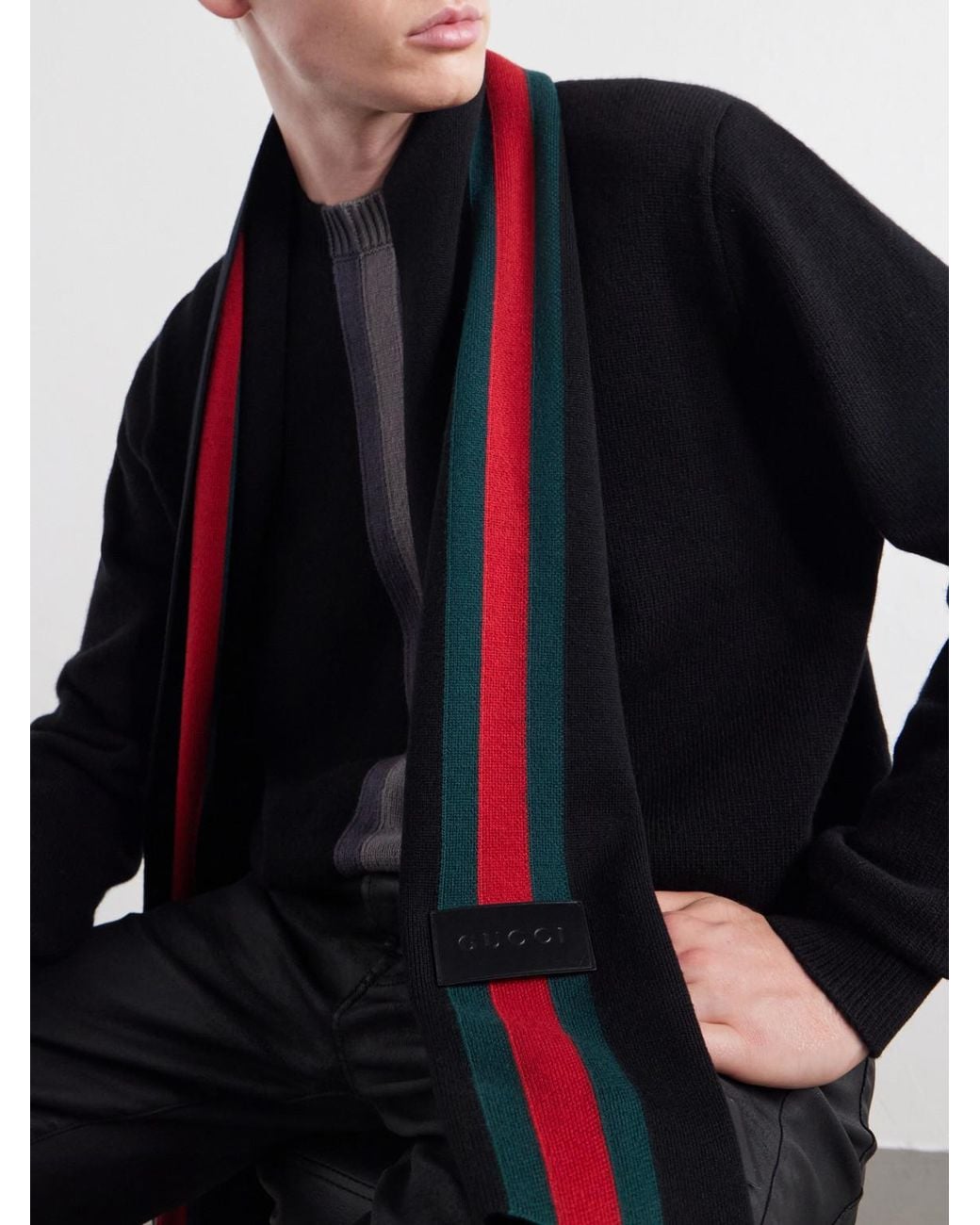 Gucci Black Web-Intarsia Wool Scarf for men