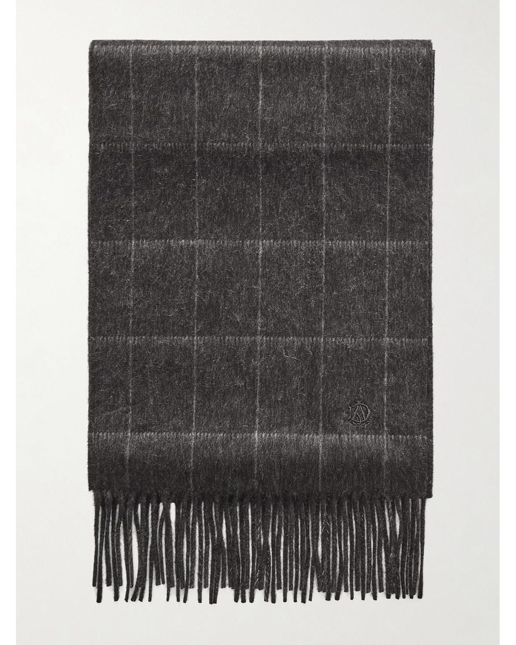 Dunhill Gray Fringed Checked Cashmere Scarf for men