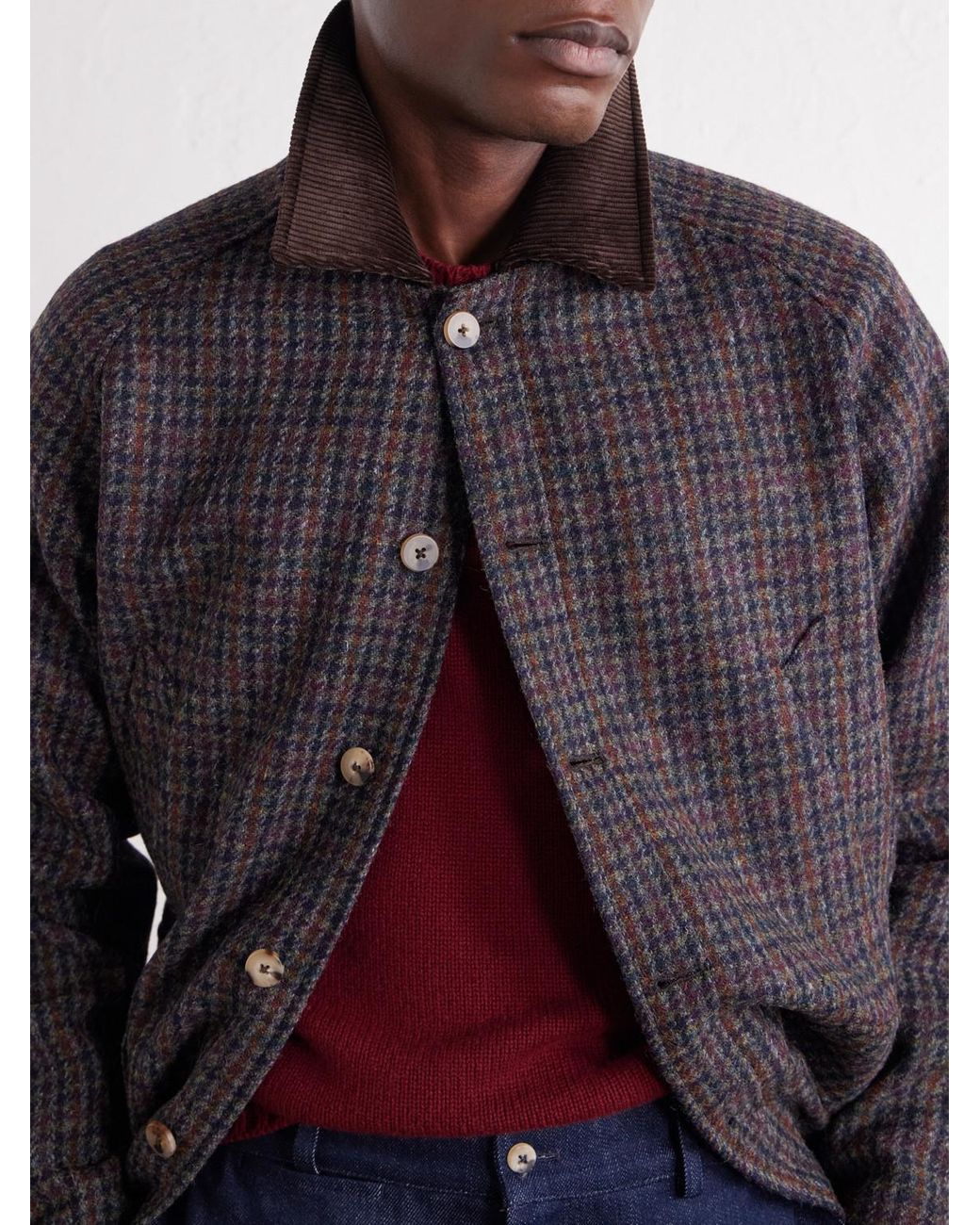 De Bonne Facture Black Checked Corduroy-Trimmed Wool-Tweed Jacket for men