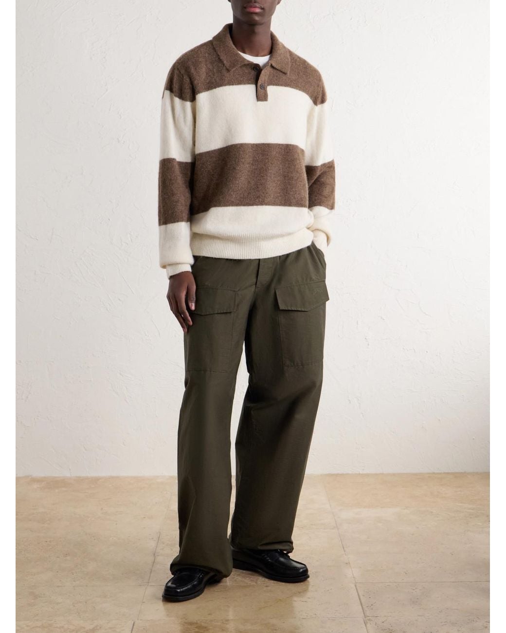 Corridor NYC Natural Striped Woven Brushed Alpaca-Blend Polo Sweater for men
