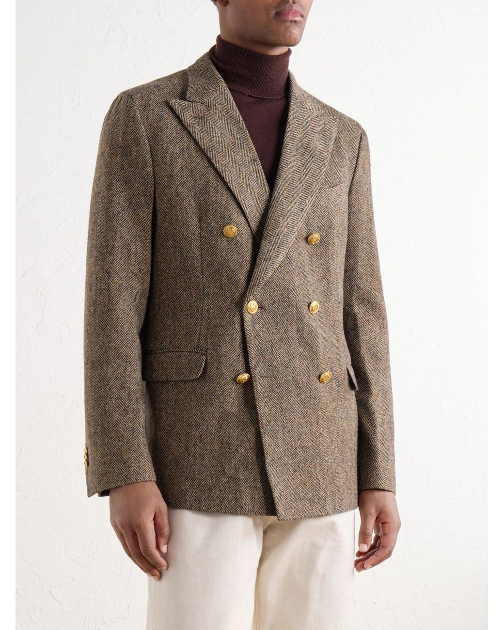 Slowear Brown Incotex Double-Breasted Herringbone Shetland Wool-Twill Blazer for men