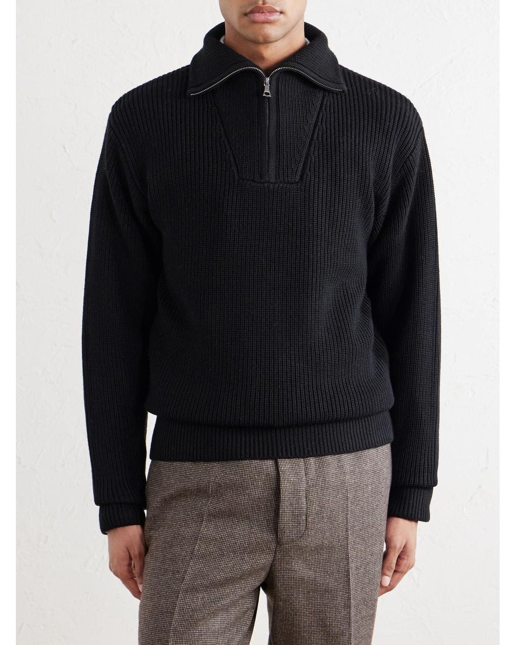 Officine Generale Black Tarek Ribbed Merino Wool Half-Zip Sweater for men