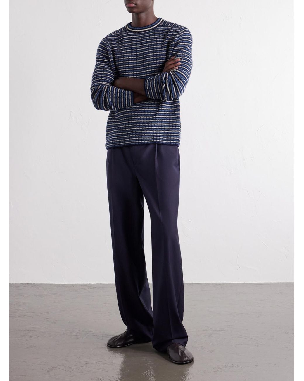 Auralee Blue Striped Ribbed Wool And Cashmere-Blend Sweater for men