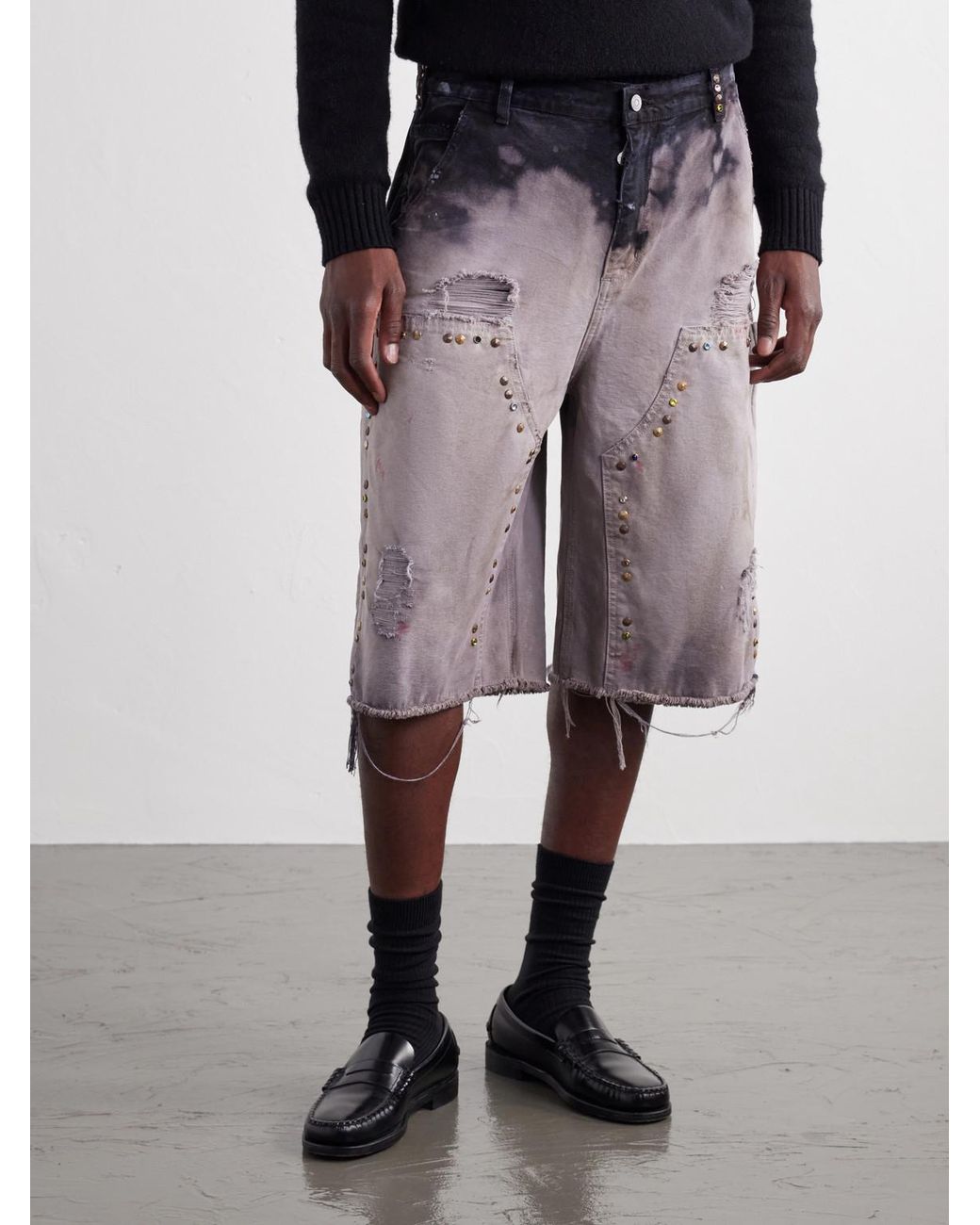 Satoshi Nakamoto Gray Danny's Straight-Leg Embellished Distressed Denim Shorts for men