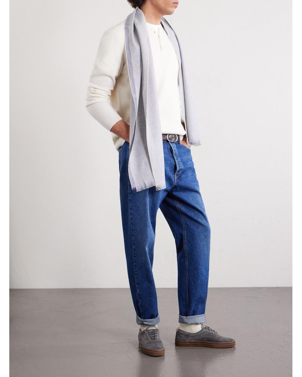 Brunello Cucinelli White Fringed Wool And Cashmere-Blend Scarf for men