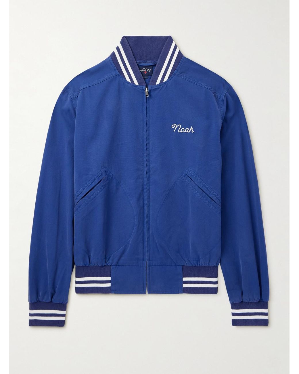 Noah Logo-Embroidered Striped Cotton Varsity Jacket in Blue for