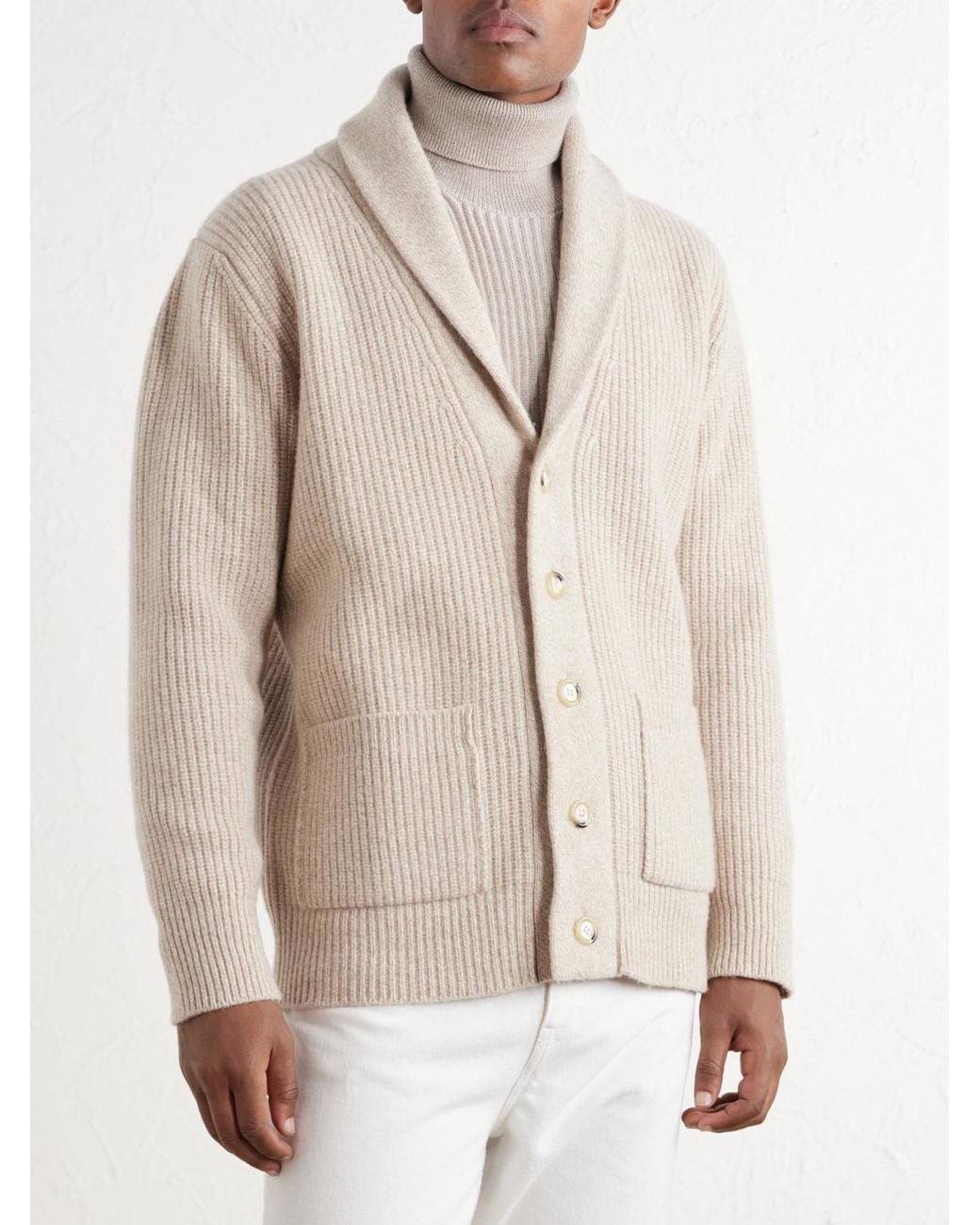 De Petrillo Natural Ribbed Merino Wool And Cashmere-Blend Cardigan for men