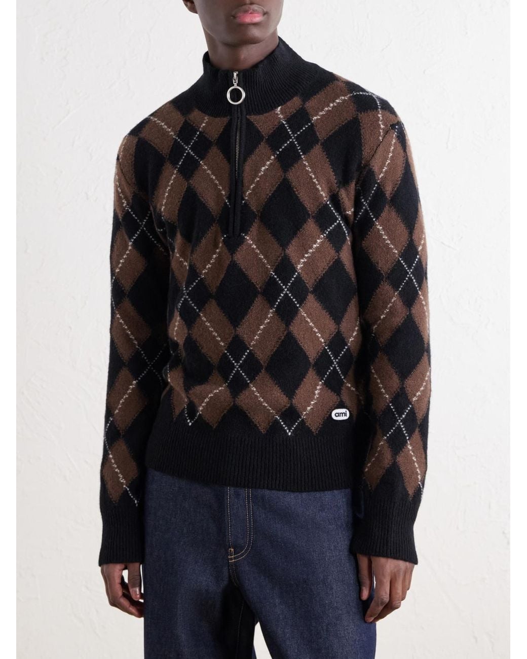 AMI Black Logo-Appliquéd Argyle Intarsia-Knit Virgin Wool Half-Zip Sweater for men