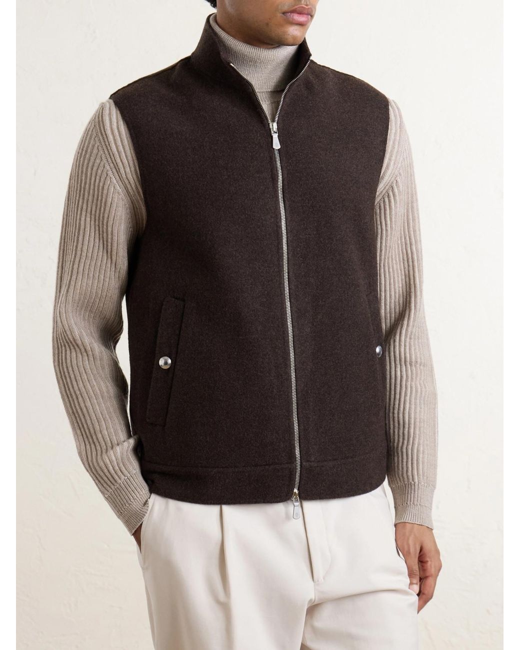 Eleventy Brown Brushed-Wool Zip-Up Gilet for men