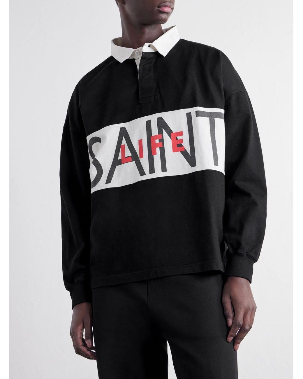 SAINT Mxxxxxx Black Saint Life Printed Cotton-Jersey Polo Shirt for men