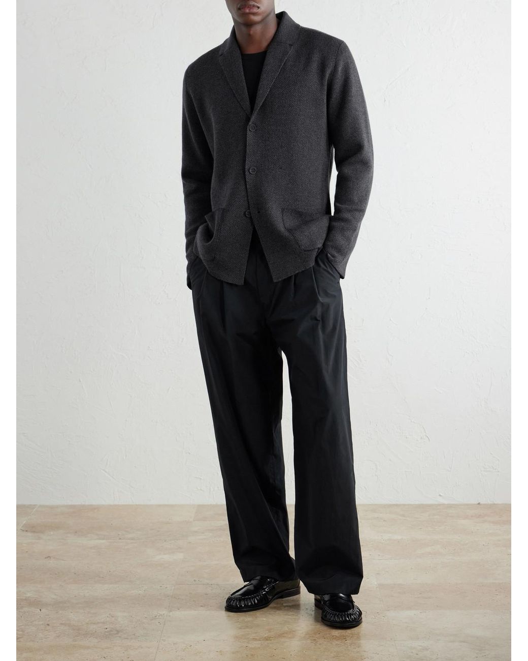 Inis Meáin Blue Herringbone Merino Wool Cardigan for men