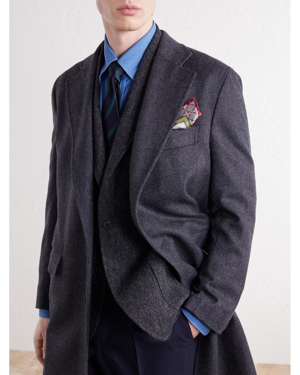 Rubinacci Blue Herringbone Virgin Wool Coat for men