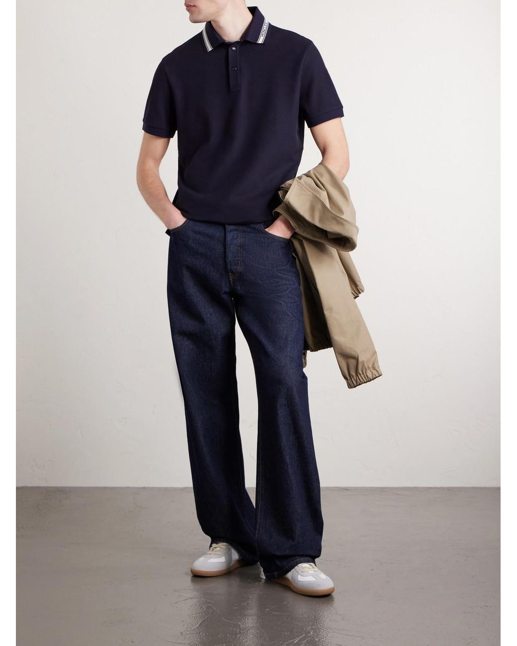Moncler Blue Logo-Appliquéd Honeycomb-Knit Cotton Polo Shirt for men