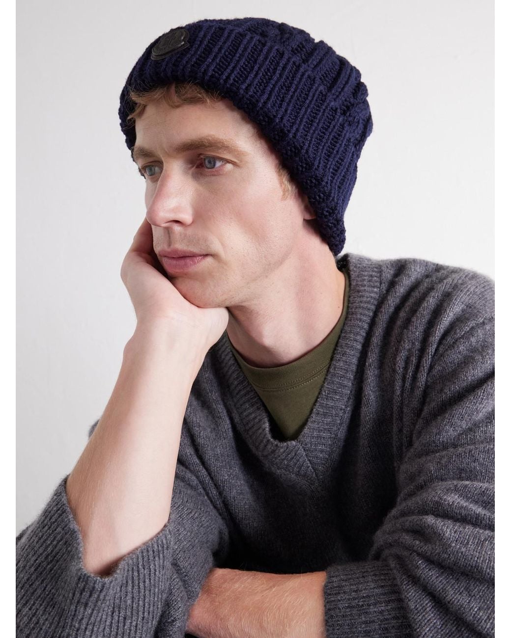 Moncler Blue Logo-Appliquéd Cable-Knit Virgin Wool Beanie for men