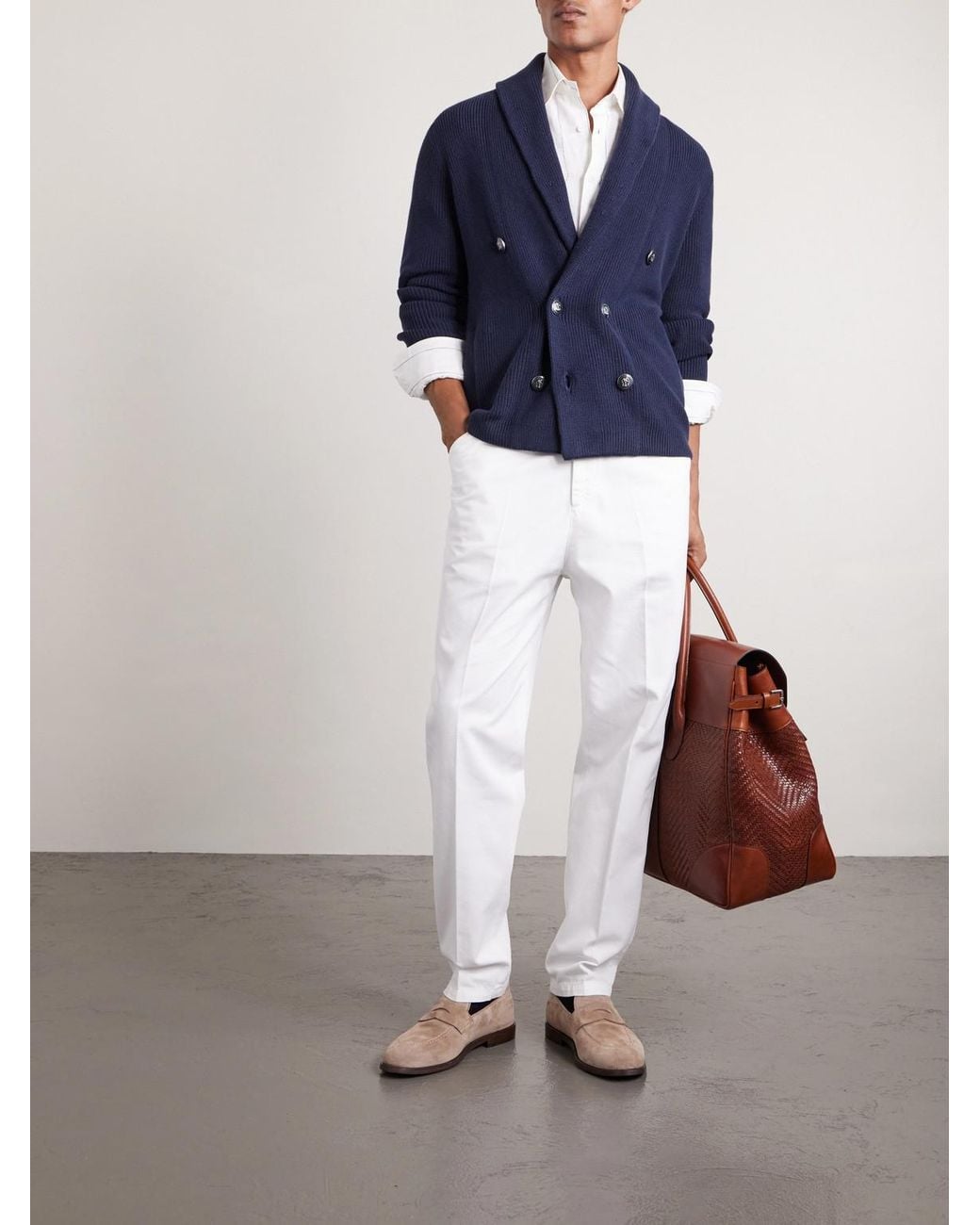 Brunello Cucinelli Blue Shawl-Collar Double-Breasted Ribbed Cotton Cardigan for men