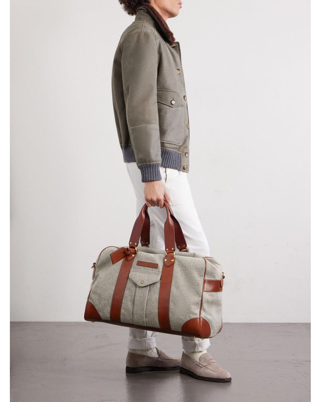 Brunello Cucinelli Brown Leather-trimmed Flannel Weekend Bag for men
