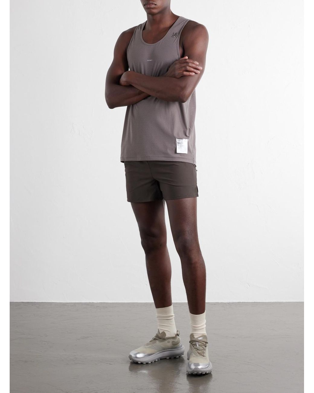 Satisfy Gray Embellished Logo-Appliquéd Space-O Mesh Tank Top for men