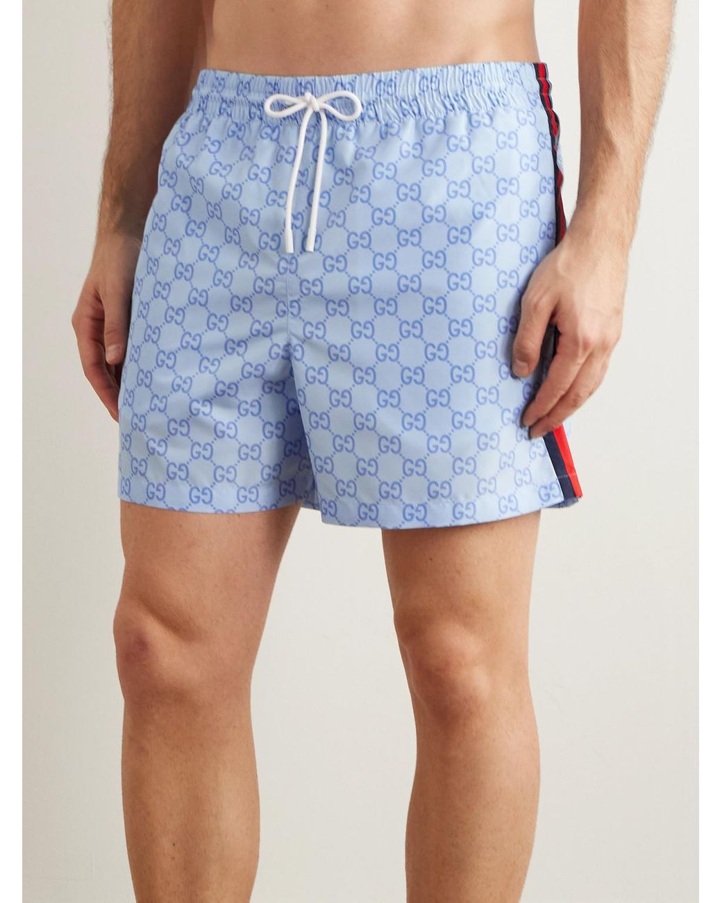 Gucci Blue Slim-Fit Mid-Length Logo-Print Striped Swim Shorts for men