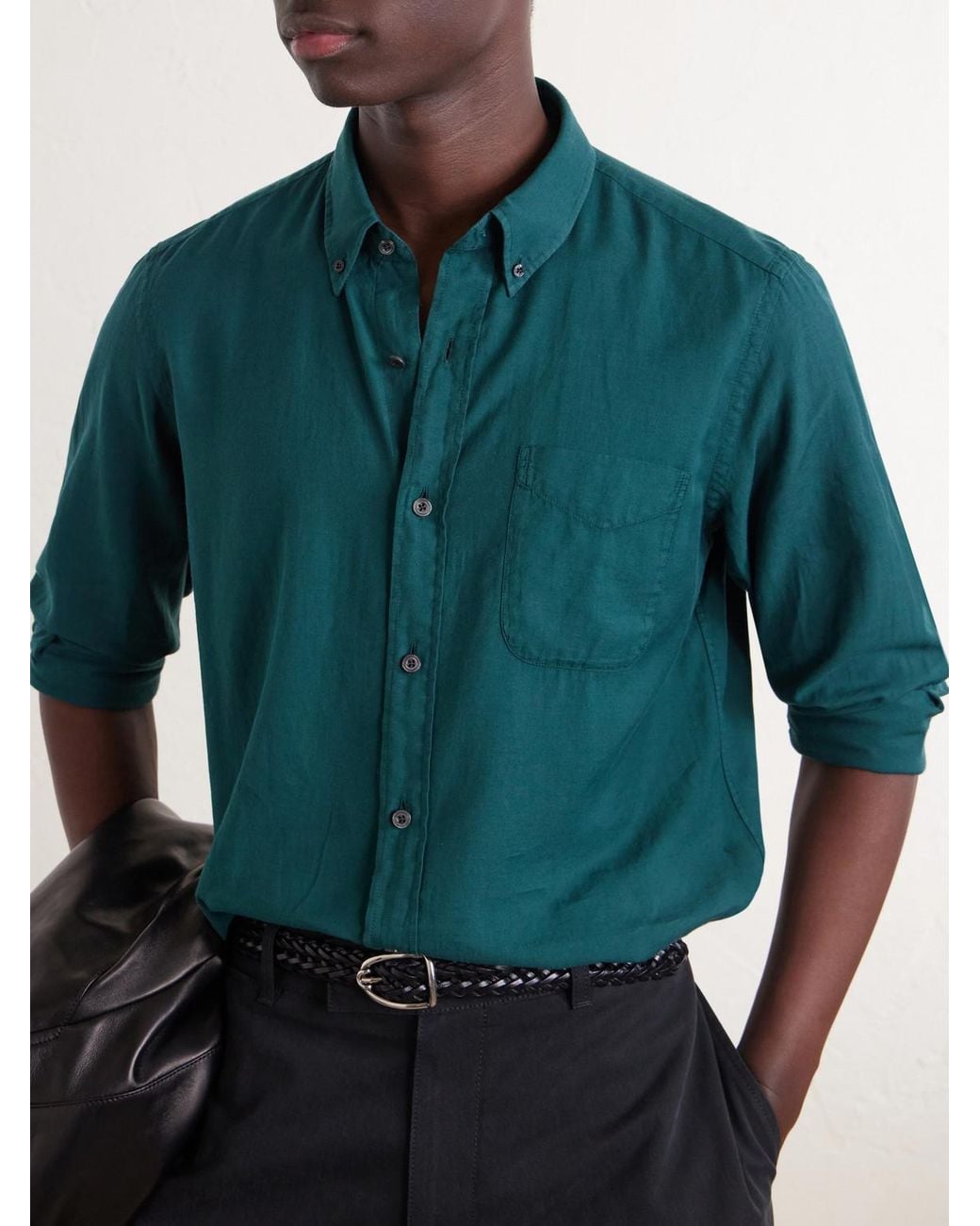 Tom Ford Green Washed Cotton And Cashmere-blend Twill Shirt for men