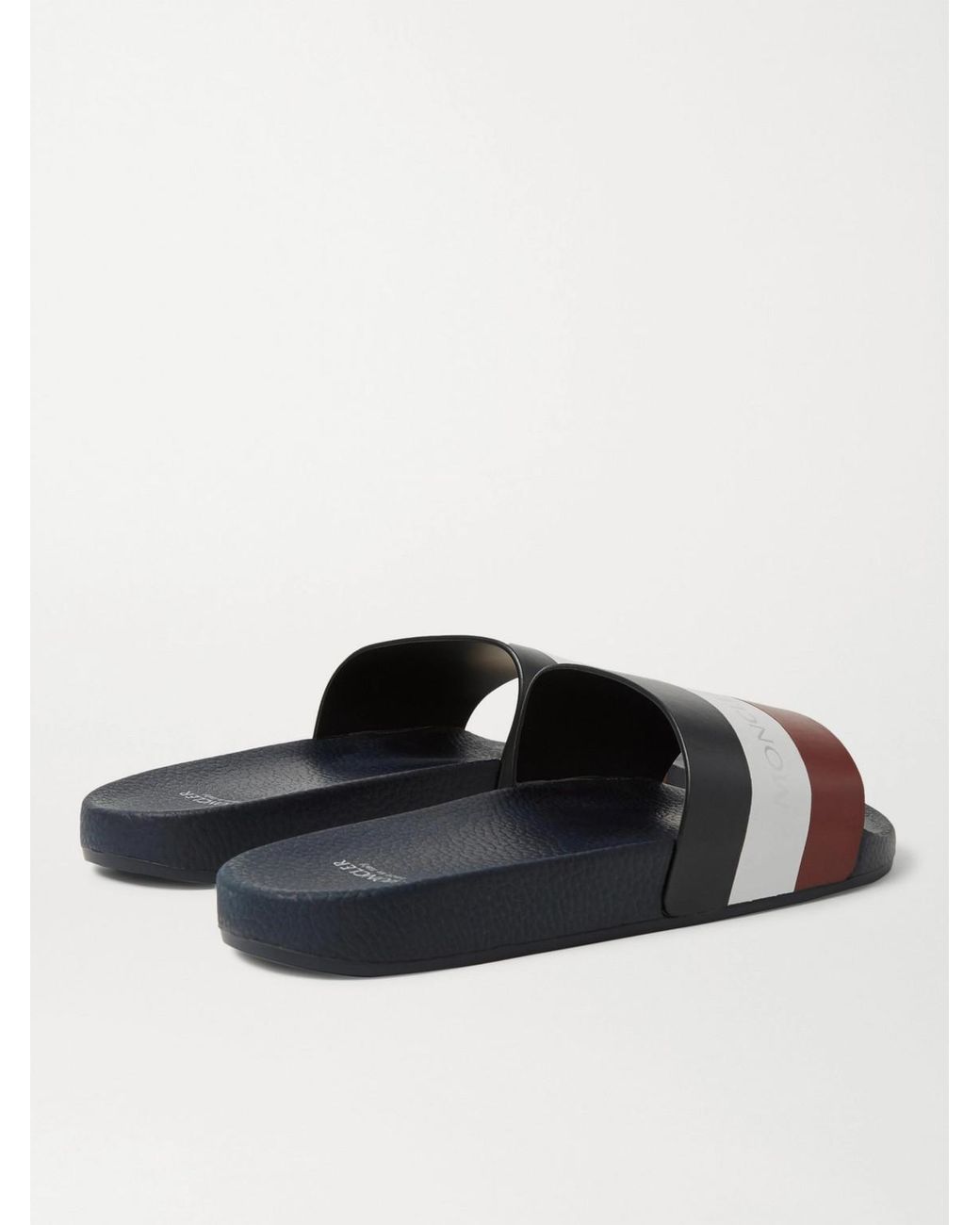 Moncler White Basile Logo-Print Striped Leather Slides for men