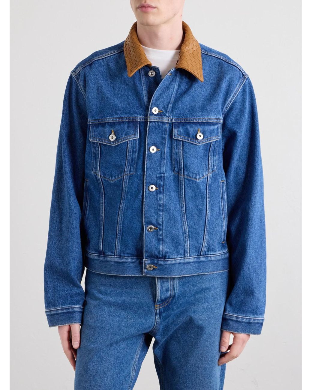 Bottega Veneta Blue Intrecciato Leather-Trimmed Panelled Denim Jacket for men