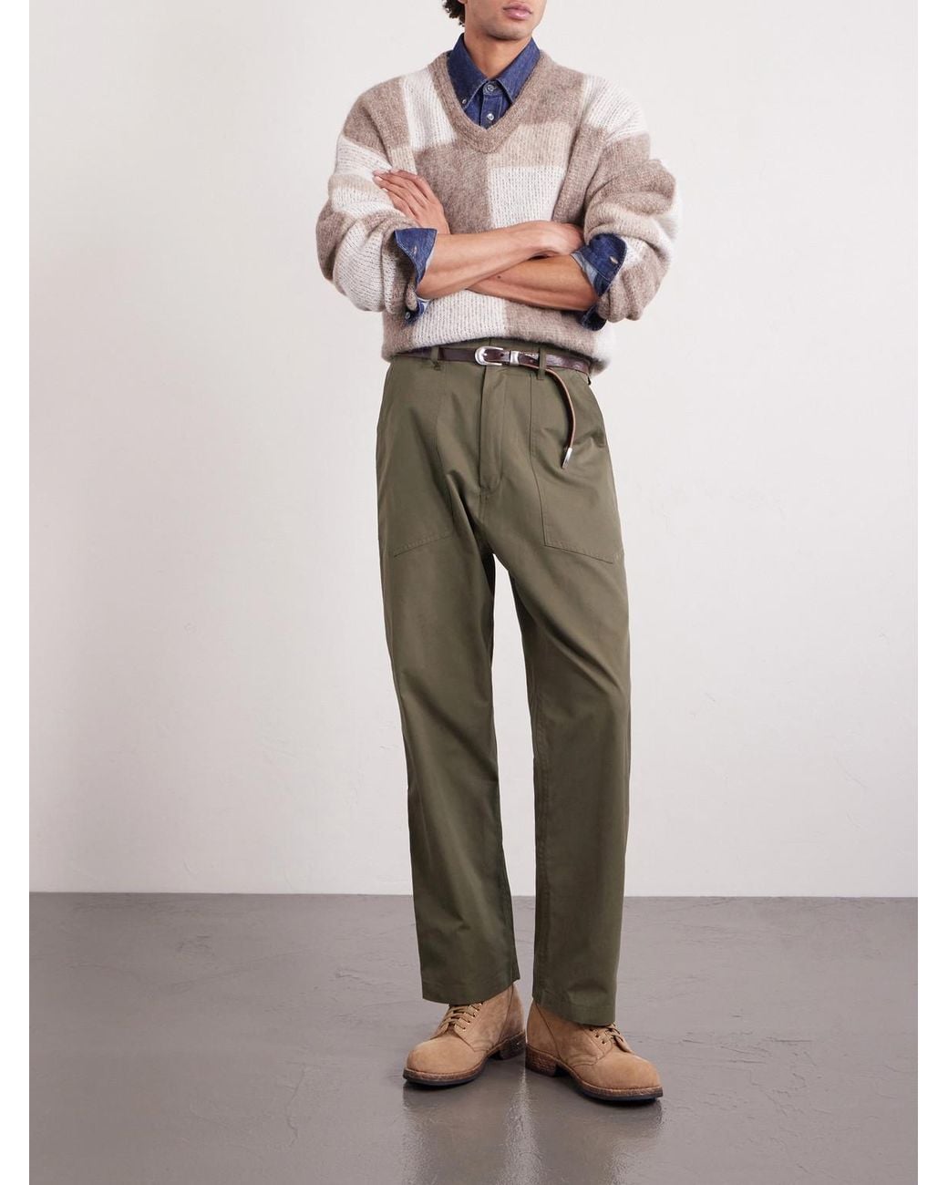 Monitaly Green Fatigue Wide-Leg Cotton Trousers for men