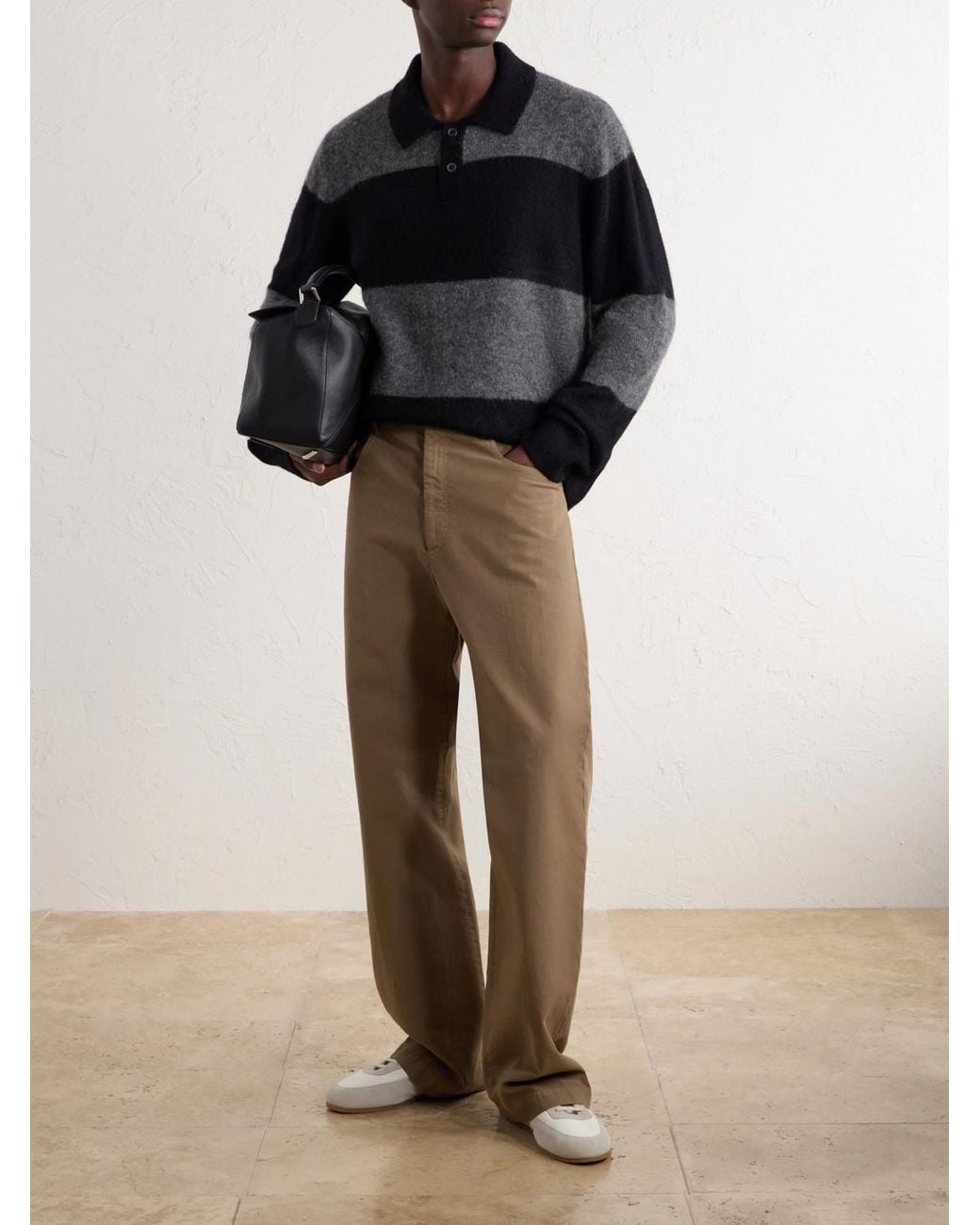 Corridor NYC Black Striped Woven Brushed Alpaca-Blend Polo Sweater for men