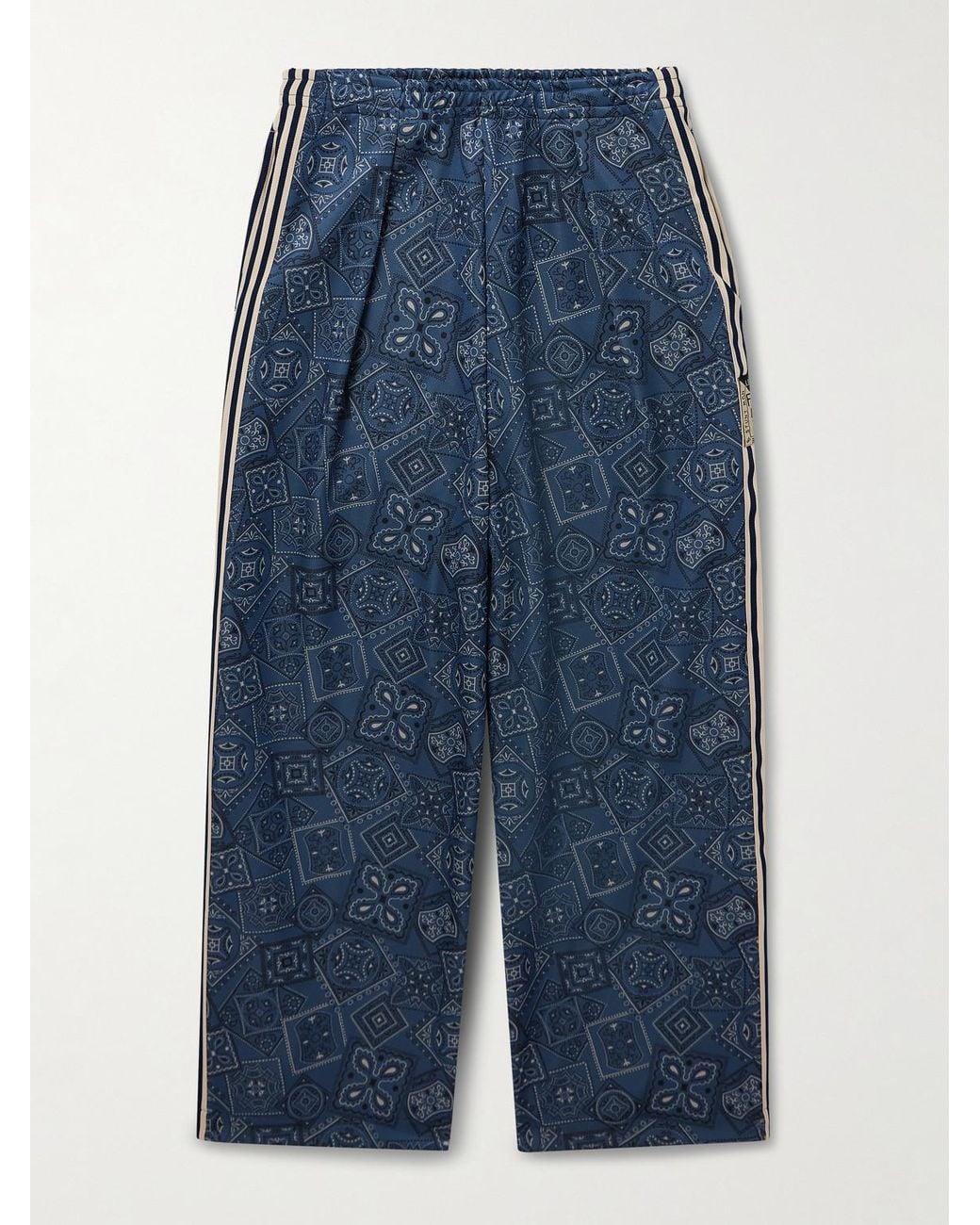 Kapital Blue Wide-Leg Striped Webbing-Trimmed Bandana-Print Tech-Jersey Track Pants for men