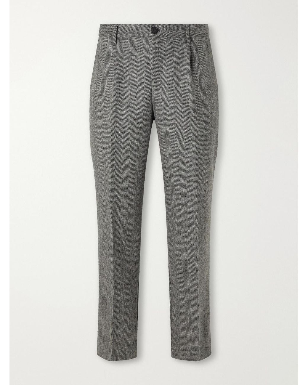 Portuguese Flannel Gray Straight-Leg Pleated Wool Herringbone Trousers for men
