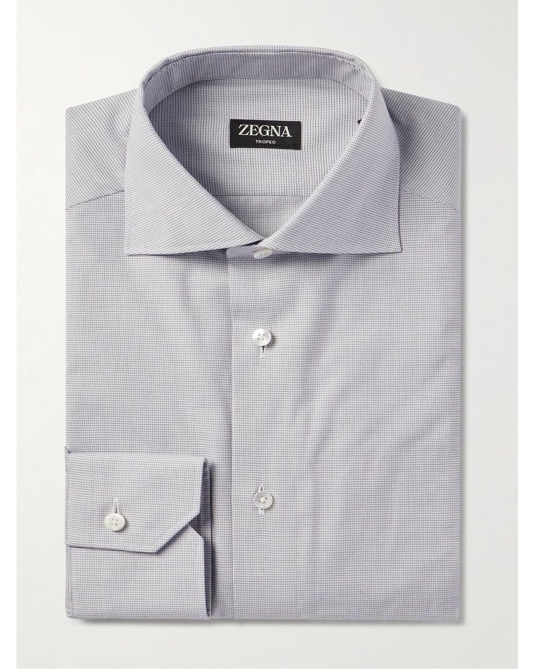 Zegna Gray Cutaway-Collar Checked Cotton Shirt for men
