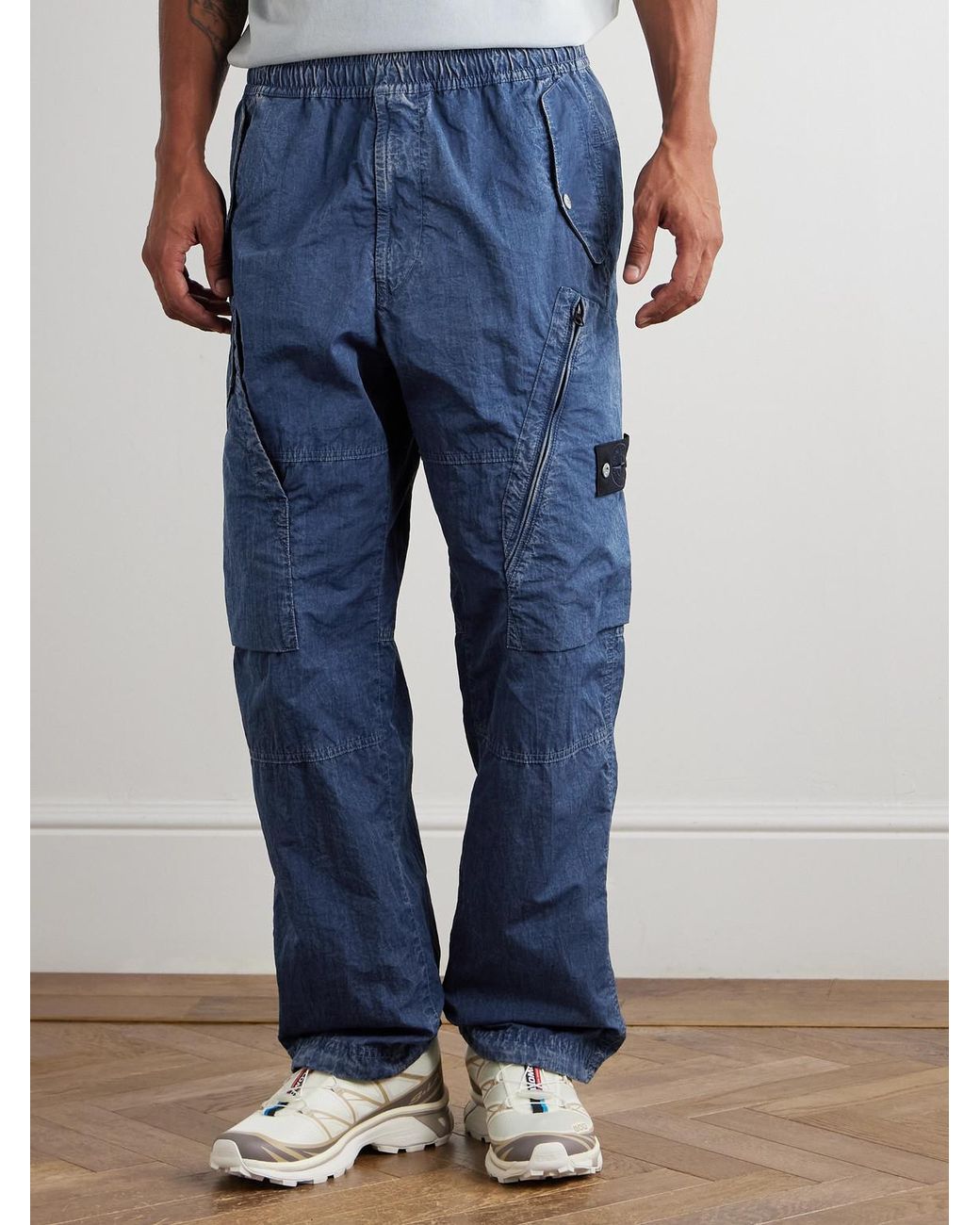 Stone Island Blue Denim Research Tapered Garment-Dyed Hollow Fiber Nylon-Tc Cargo Trousers for men