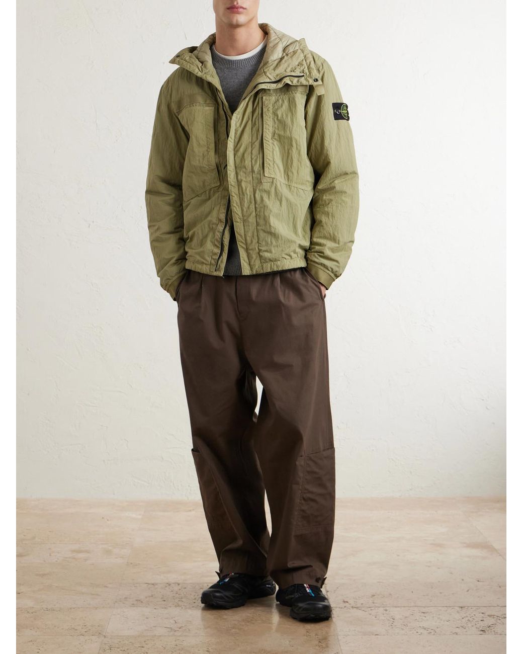 Stone Island Green Garment-Dyed Padded Crinkled Warp Rib Nylon-Tc Hooded Jacket for men