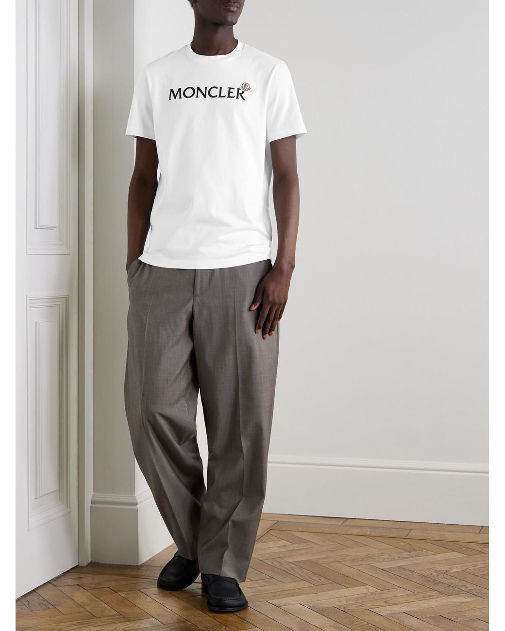 Moncler White Logo-Flocked Appliquéd Cotton-Jersey T-Shirt for men