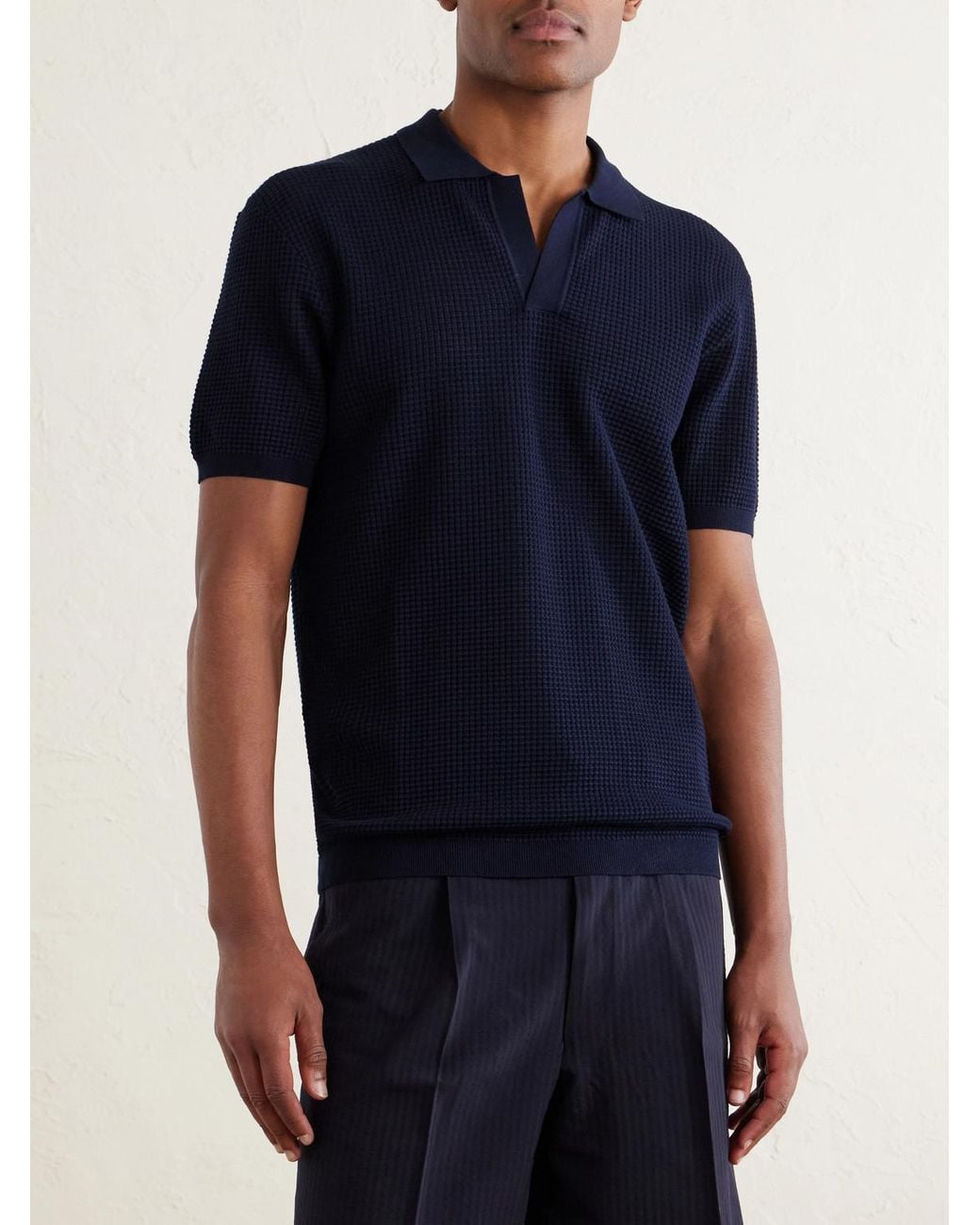 Orlebar Brown Blue Roddy Slim-Fit Camp-Collar Pointelle-Knit Polo Shirt for men